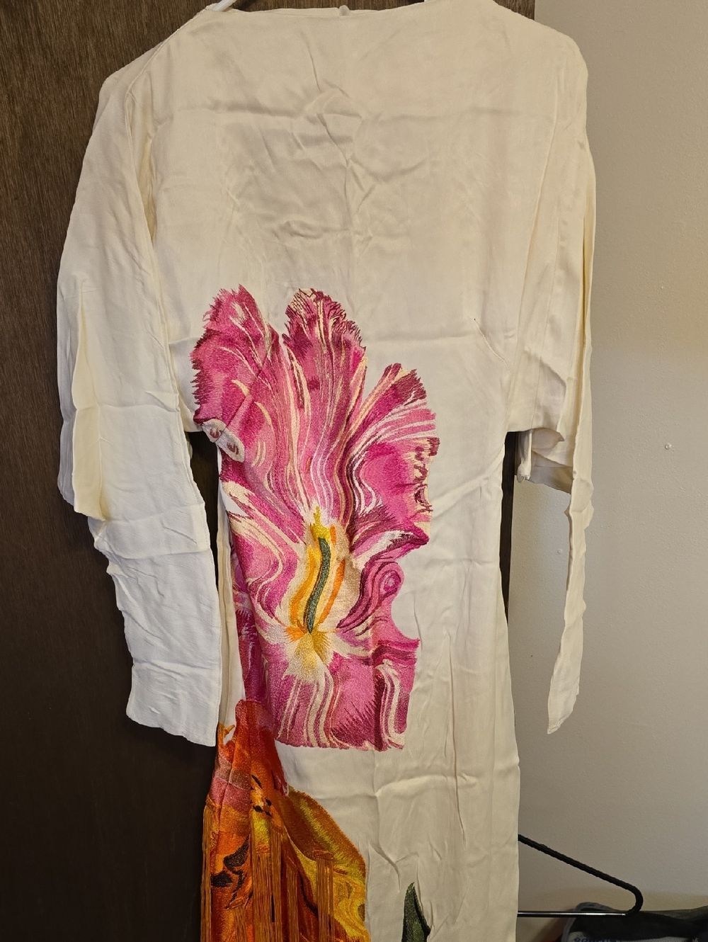 ARRANGE Cream dress with Contrast Pink & Orange Embroidery